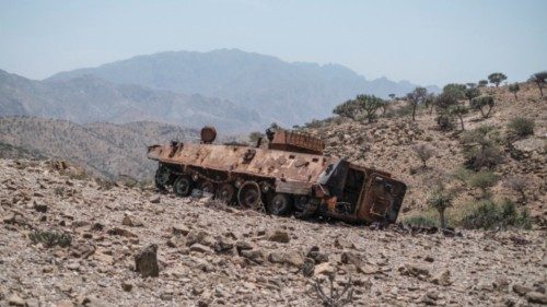 A destroyed tank stands next to a road near the village of Erebti, 400 kilometers of Semera, ...