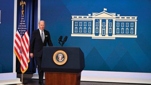 US President Joe Biden arrives to speak about the economy in the South Court Auditorium at the ...