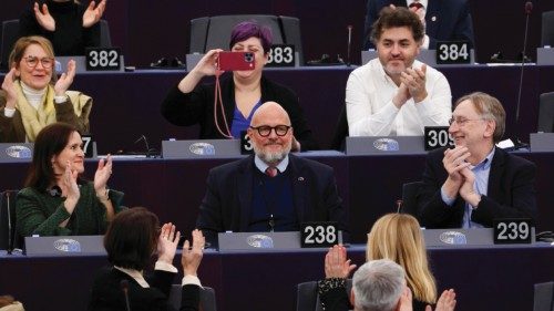 epa10413162 European Parliament newly elected Vice President Marc Angel (C), of the Group of the ...