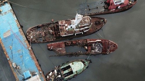 Abandoned ships are seen on the shore of the Guanabara Bay in Niteroi, in Rio de Janeiro state, ...