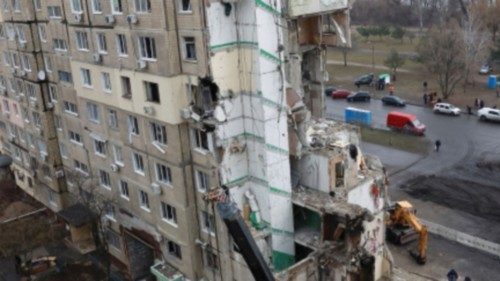General view of the site where an apartment block was heavily damaged by a Russian missile strike, ...