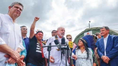 Brazil's President Luiz Inacio Lula da Silva speaks during his visits to the Yanomami Indigenous ...
