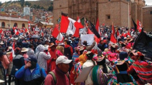 Demonstrators hold a protest against the government of President Dina Boluarte and to demand her ...