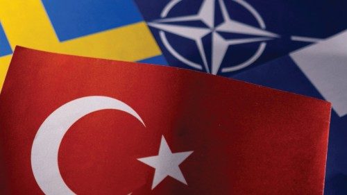 FILE PHOTO: NATO, Turkish, Swedish and Finnish flags are seen in this illustration taken May 18, ...