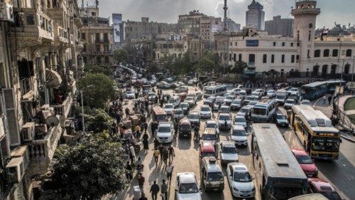 This picture taken on February 22, 2021 shows a view of vehicles stuck in a traffic jam in the ... This picture taken on February 22, 2021 shows a view of vehicles stuck in a traffic jam in the ...