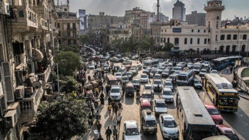 This picture taken on February 22, 2021 shows a view of vehicles stuck in a traffic jam in the ...