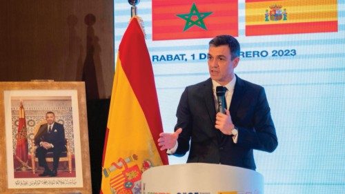 Spain's Prime Minister Pedro Sanchez speaks during the Spanish-Moroccan summit in Rabat, on February ...