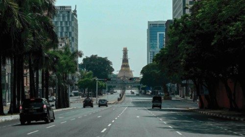 An almost empty street is pictured near Sule Pagoda during a 'silent strike' to protest and mark the ...
