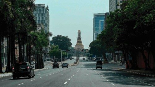 An almost empty street is pictured near Sule Pagoda during a 'silent strike' to protest and mark the ... An almost empty street is pictured near Sule Pagoda during a 'silent strike' to protest and mark the ...