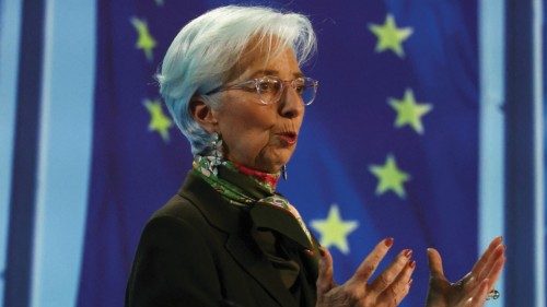 FILE PHOTO: European Central Bank (ECB) President Christine Lagarde speaks to reporters following ...
