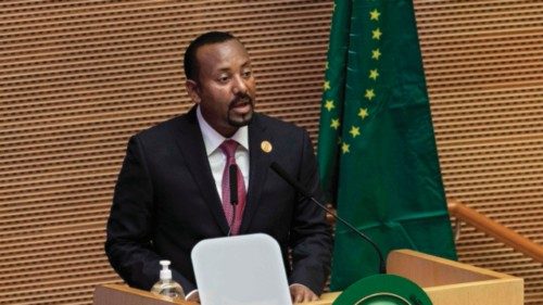 (FILES) In this file photo taken on February 05, 2022 Ethiopia's Prime Minister Abiy Ahmed speaks  ...