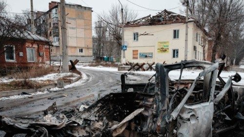 A destroyed car is seen following shellings the night before, in Bakhmut on February 1, 2023, amid ...