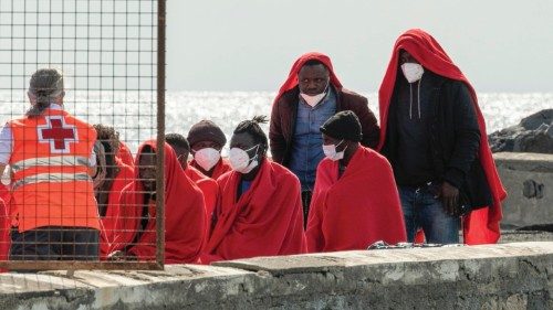 epa10451163 Migrants arrive at the port of Arrecife in Lanzarote, Canary islands, Spain, 06 February ...