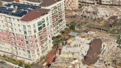 An aerial view shows collapsed and damaged buildings after an earthquake in Hatay, Turkey February ...