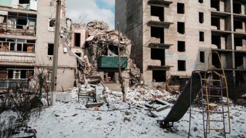 TOPSHOT - This photograph shows a destroyed building remains in Chasiv Yar on February 5, 2023, amid ...