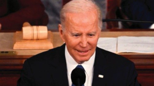 TOPSHOT - US President Joe Biden delivers the State of the Union address in the House Chamber of the ...