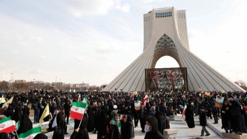 TOPSHOT - Iranians gather in front of Tehran's Azadi Tower, to mark the 44nd anniversary of the 1979 ...