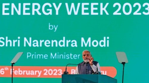 India's Prime Minister Narendra Modi speaks during the inauguration of 'India Energy Week 2023' ...