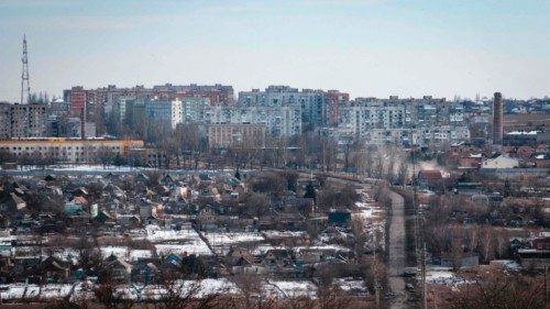 A photograph shows buildings In Bakhmut on February 9, 2023, amid the Russian invasion of Ukraine. ...