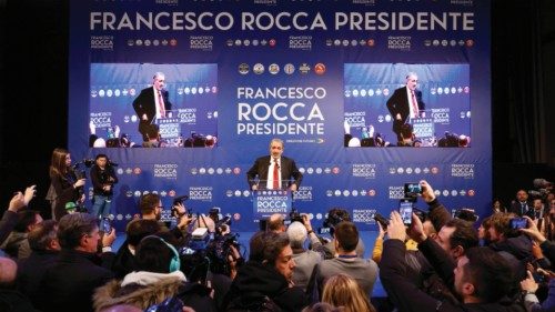 Il neoeletto presidente della regione Lazio, Francesco Rocca durante i festeggiamenti per la sua ...