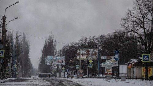A view shows an empty street in the frontline town of Bakhmut, amid Russia's attack on Ukraine, in ...