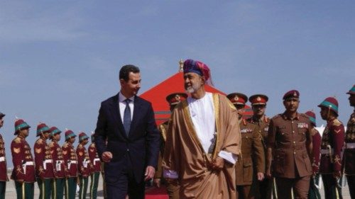 Oman's Sultan Haitham bin Tariq recieves Syrian President Bashar al-Assad during his first trip ...