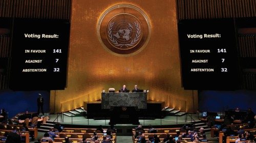TOPSHOT - Screens display the vote count during the Eleventh Emergency Special Session of the ...