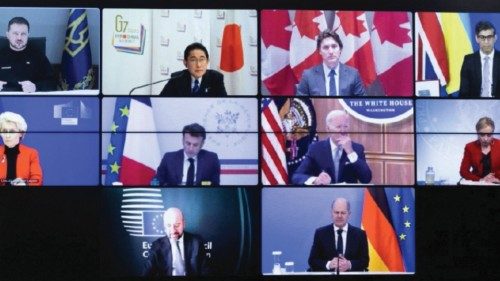 Ukraine's President Volodymyr Zelenskiy attends a working session of G7 leaders via video link on ...