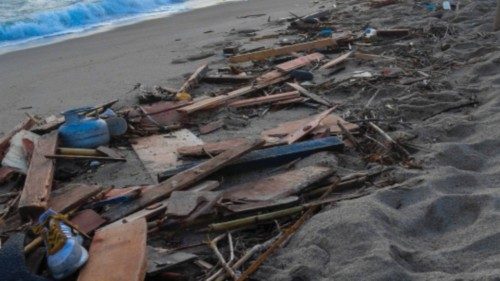 A view taken on February 26, 2023 shows debris of a shipwreck washed ashore in Steccato di Cutro, ...