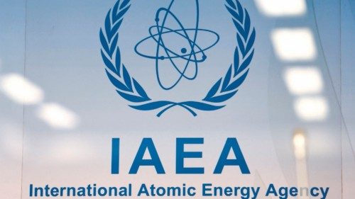(FILES) This file photo taken on March 1, 2021 shows the logo of the International Atomic Energy ...