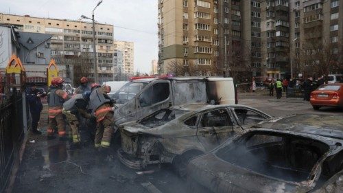 A view of emergency workers at the site of a Russian missile strike, amid Russias attack on ...
