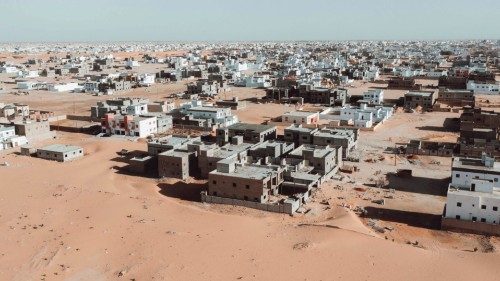 This aerial view shows new buildings in the desert-bordering area of Saharawi in Nouakchott, on ...