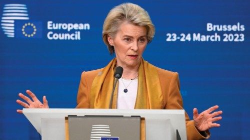 European Commission President Ursula von der Leyen holds a  press conference during a European Union ...
