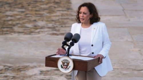 U.S. Vice President Kamala Harris delivers remarks after touring the Cape Coast slave castle during ...