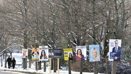 Election posters are seen in Espoo, Finland, March 29, 2023. Lehtikuva/Heikki Saukkomaa via REUTERS ...