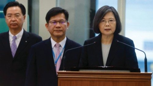 Taiwanese President Tsai Ing-wen makes a speech before her departure to New York to start her trip ...