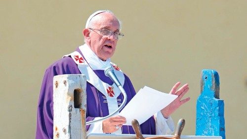 Pope Francis during the Mass in Lampedusa Island, south Italy, 08 July 2013. Pope Francis arrives in ...