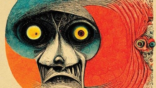 Face of fear and horror. Frightening nightmare. Colorful Max Ernst surrealism and dada painting ...