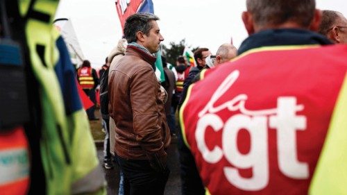 La France Insoumise (LFI) MP Francois Ruffin takes part in a demonstration of striking workers at ...