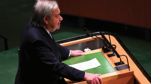 UN secretary general Antonio Guterres speaks prior to a vote on a resolution aimed at fighting ...