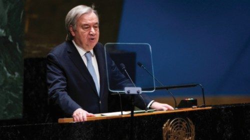 U.N. Secretary-General Antonio Guterres addresses to delegates during a general assembly to vote on ...