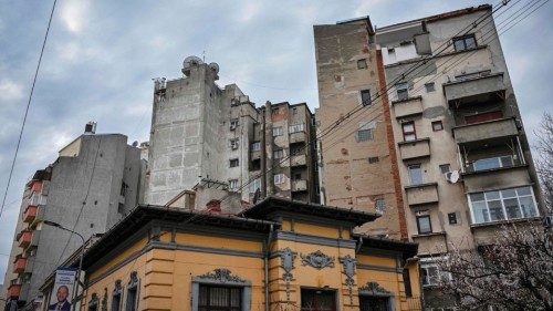 Blocks of flats of the highest seismic risk are pictured in downtown Bucharest on March 18, 2023. - ...