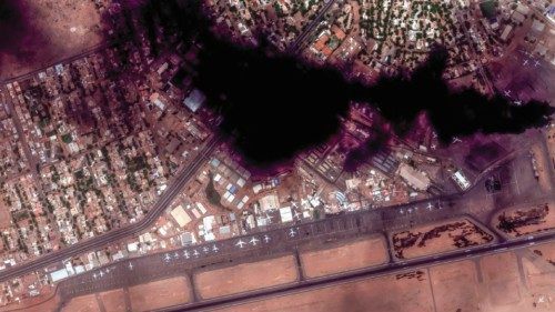 epa10576100 A handout satellite image made available by Maxar Technologies shows smoke over Khartoum ...
