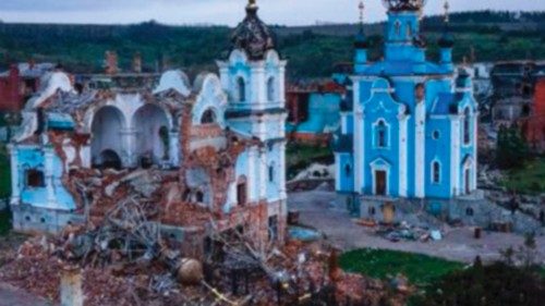 This aerial photograph shows the Virgin Skete of Sviatohirsk Lavra destroyed by a shelling in the ...