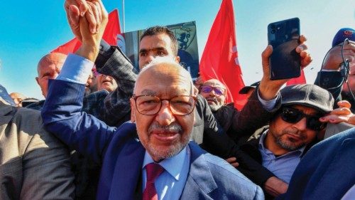 (FILES) In this file photo taken on February 21, 2023 the head of Tunisia's Islamist movement ...