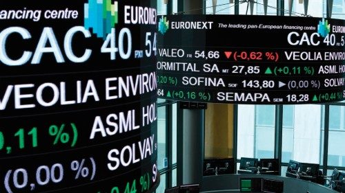 (FILES) In this file photo taken on April 27, 2018, a screen displays the CAC 40 amongst stock ...