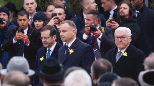 epa10579798 Israel's President Isaac Herzog (C-L), Polish President Andrzej Duda (C) and German ...