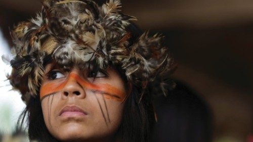 An Indigenous girl from Guarani Mbya ethnic group looks on during celebrations of Indigenous People ...