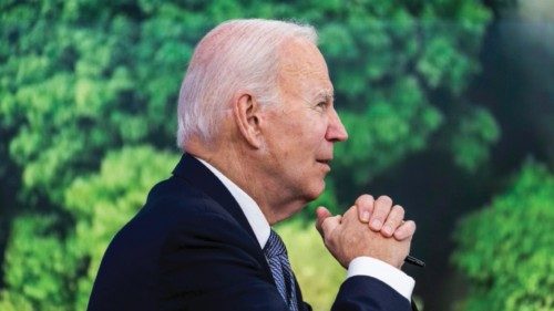 epa10581828 US President Joe Biden convenes a virtual meeting of the Major Economies Forum (MEF) on ...