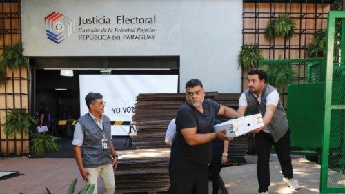 epa10597652 Officials distribute electoral material ahead of general elections, in Asuncion, ...